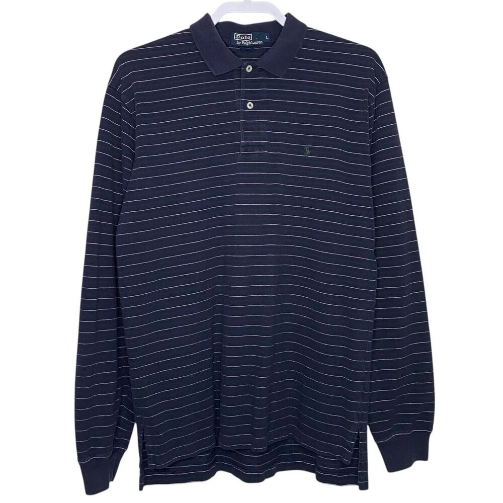 Vtg 90s Ralph Lauren Polo Shirt Mens L Navy Blue Striped Preppy Long Sleeve Pony